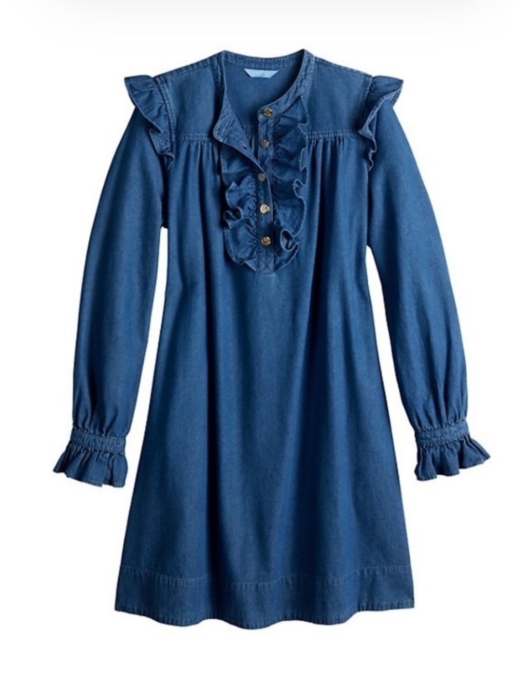 Blue Ruffle Front Long-Sleeve Dress - Picture 3 of 7